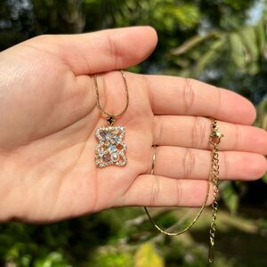 18K Gold Plated Stainless Steel Blue & White Diamond with Pearls Bear Necklace